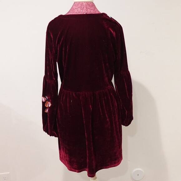 Cherry Cola Red BOHO Flower Embroidery Short Velour/Velvety Fall dress size L - Picture 6 of 8